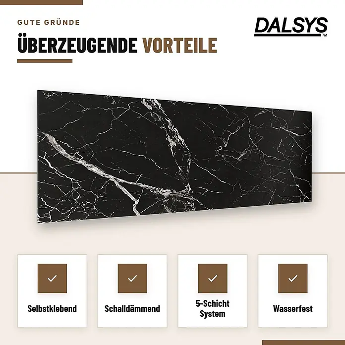Dalsys Wandpaneel - 600 x 300 mm - Schwarze, marmorierte selbstklebende Wandplatte, schalldämmend, 5-Schicht-System und wasserfest.