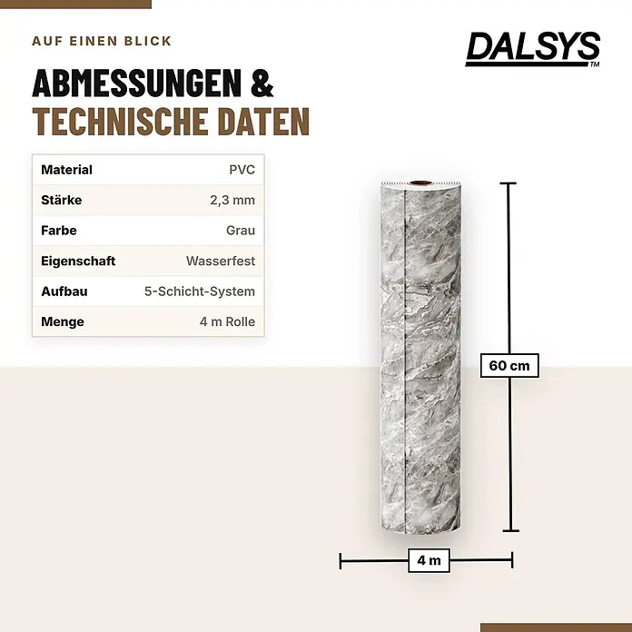 Dalsys Wandpaneel - 4.000 x 600 mm - Graue PVC-Folie mit Marmormuster, 60 cm breit und 4 m lang, 2,3 mm dick, wasserfest, 5-Schicht-System.