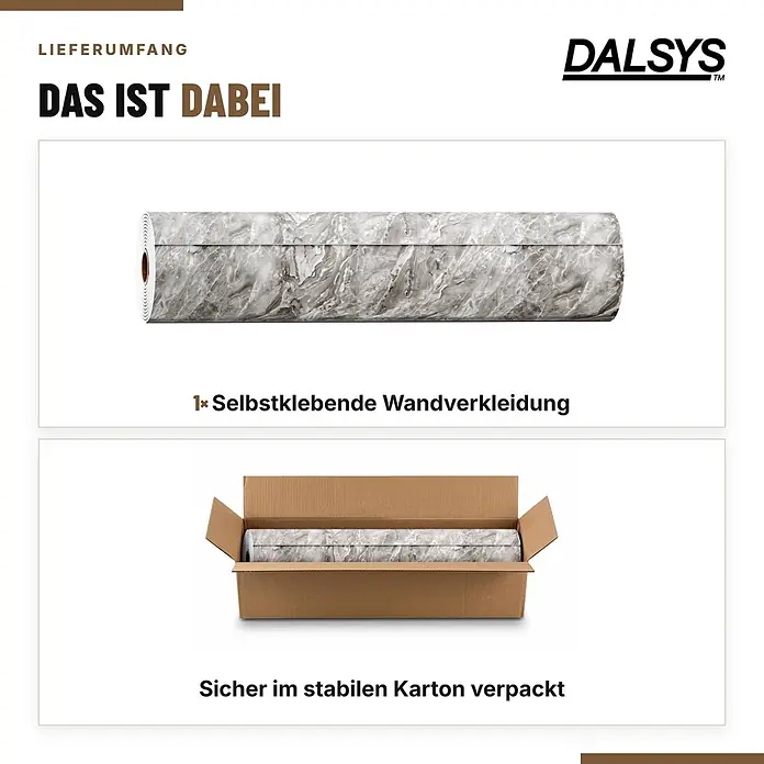 Dalsys Wandpaneel - 4.000 x 600 mm - Rolle grauer und weißer selbstklebender Wandverkleidung im Marmordesign, unverpackt und sicher in einem Karton verpackt dargestellt.