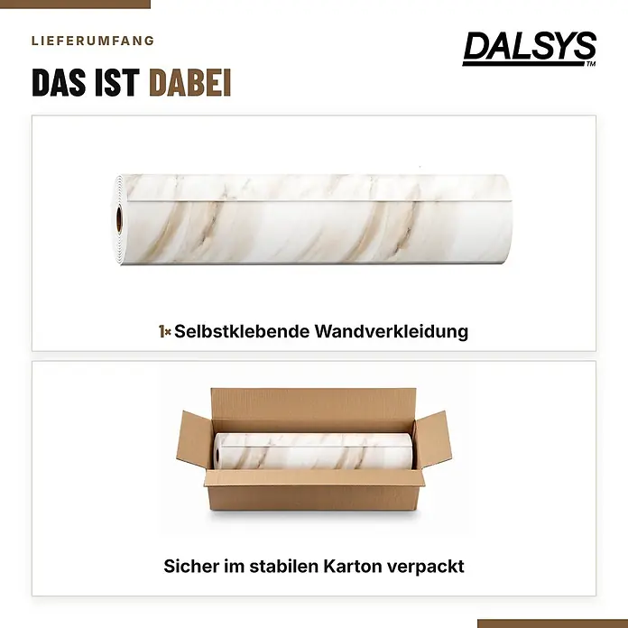 Dalsys Wandpaneel - 4.000 x 600 mm - Eine Rolle selbstklebende Wandverkleidung mit Marmormuster, einmal offen und einmal sicher im Karton verpackt.