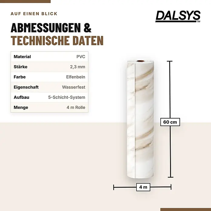 Dalsys Wandverkleidung Selbstklebend 4m Rolle x 60cm Elfenbein PVC -  - Rolle aus elfenbeinfarbenem PVC-Material mit Marmormuster, 60 cm breit, 4 m lang, 2,3 mm dick, wasserfest, 5-Schicht-System.