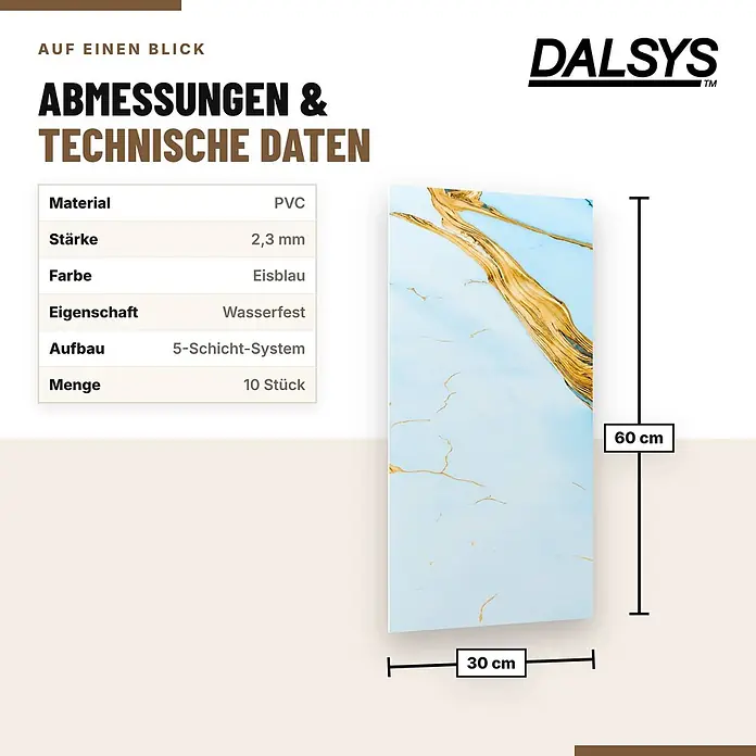 Dalsys Wandpaneel - 600 x 300 mm - Eisblaue PVC-Fliese (30x60 cm) mit goldener Maserung, wasserfest und 2,3 mm stark.