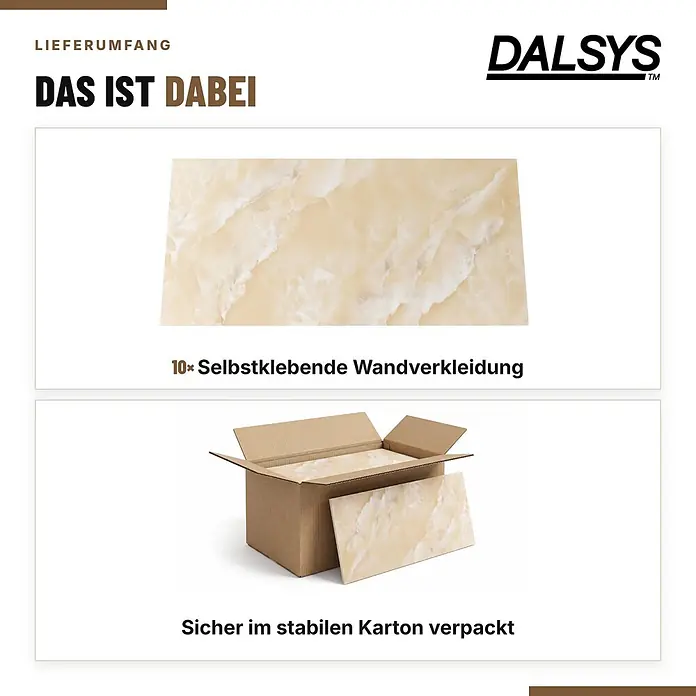 Dalsys Wandpaneel - 600 x 300 mm - Zehn selbstklebende Wandpaneele in beiger Marmoroptik sind ausgestellt, mehrere davon sicher in einem stabilen Karton verpackt.