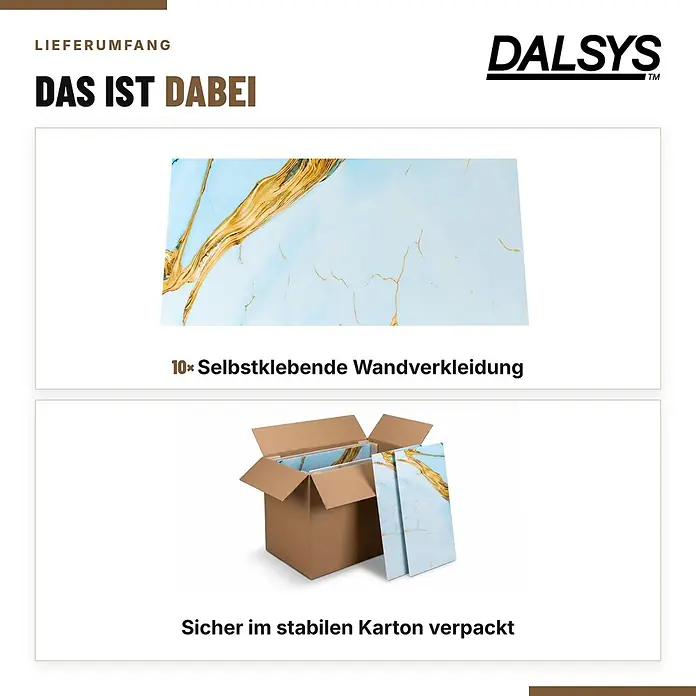 Dalsys Wandpaneel - 600 x 300 mm - 10 selbstklebende Wandverkleidungen in blau-goldener Marmoroptik, sicher im Karton verpackt.