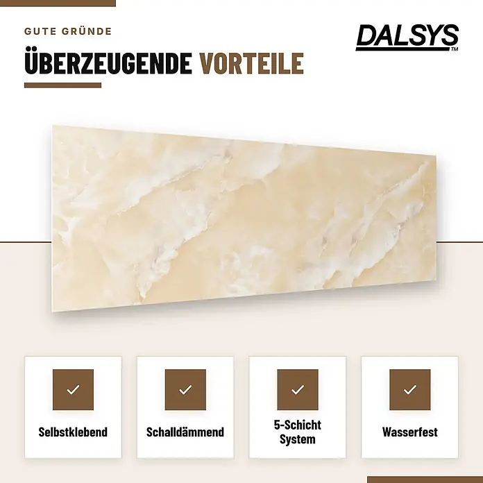 Dalsys Wandpaneel - 600 x 300 mm - Hellbeige Marmoroptik Dekorplatte, selbstklebend, schalldämmend, 5-Schicht-System, wasserfest.