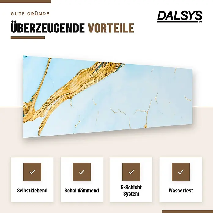 Dalsys Wandpaneel - 600 x 300 mm - Hellblaues, selbstklebendes Paneel mit goldfarbenen Äderungen, schall- und wasserfest, 5-Schicht-System.