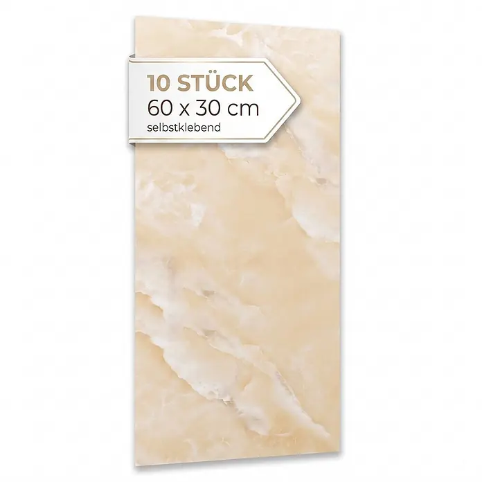 Dalsys Wandpaneel - 600 x 300 mm - Zehn selbstklebende Fliesen mit beigem Marmormuster, je 60x30 cm.