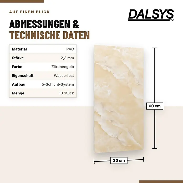 Dalsys Wandpaneel - 600 x 300 mm - Dalsys wasserfestes PVC-Bodenpaneel, 30x60 cm, zitronengelb Marmoroptik.