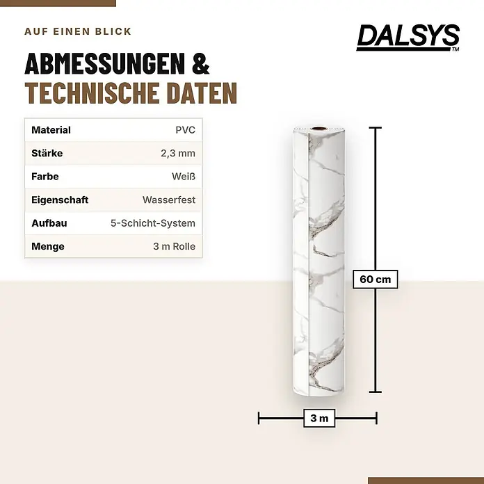 Dalsys Wandpaneel - 3.000 x 600 mm - Selbstklebende PVC-Folie in weißer Marmoroptik, 60 cm breit und 3 m lang, wasserfest.