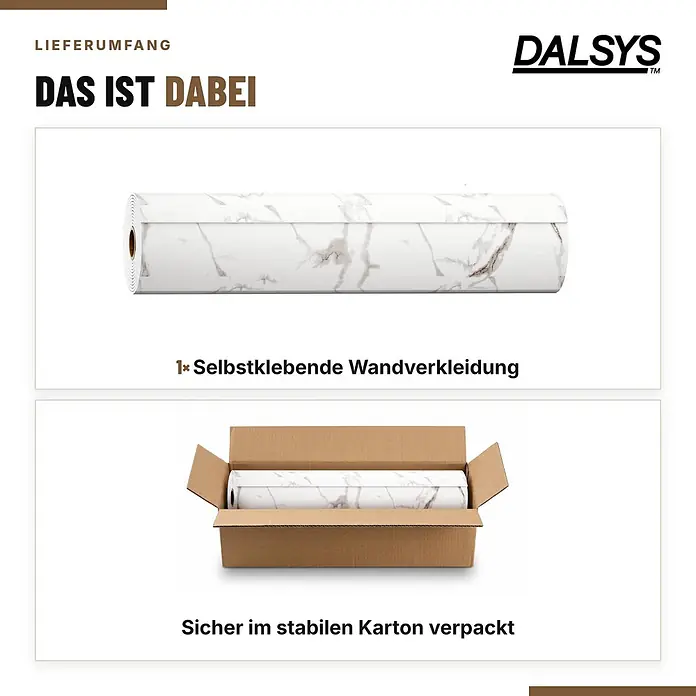 Dalsys Wandpaneel - 3.000 x 600 mm - Selbstklebende Wandverkleidung mit Marmormuster, als Rolle und sicher im Karton verpackt dargestellt.