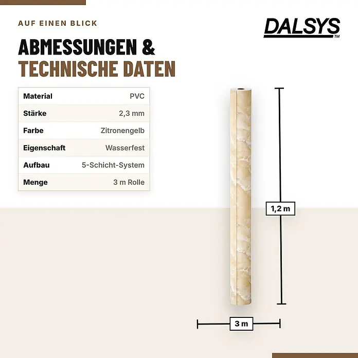 Dalsys Wandpaneel - 3.000 x 1.200 mm - Beige marmorierte PVC-Klebefolie (1,2m x 3m Rolle) mit 5-Schicht-System, wasserfest.