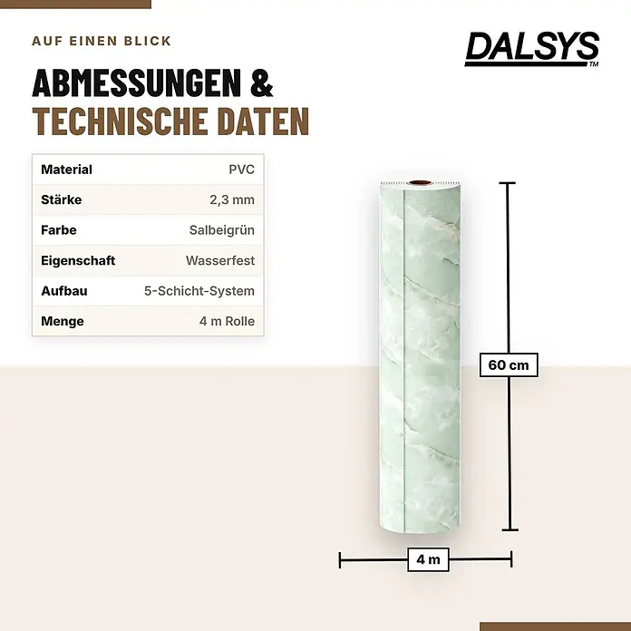 Dalsys Wandverkleidung Selbstklebend 4m Rolle x 60cm Salbeigrün PVC -  - Grüne Marmor-Klebefolie aus PVC, 60 cm breit und 4 m lang. Wasserfest, 5-Schicht-System.