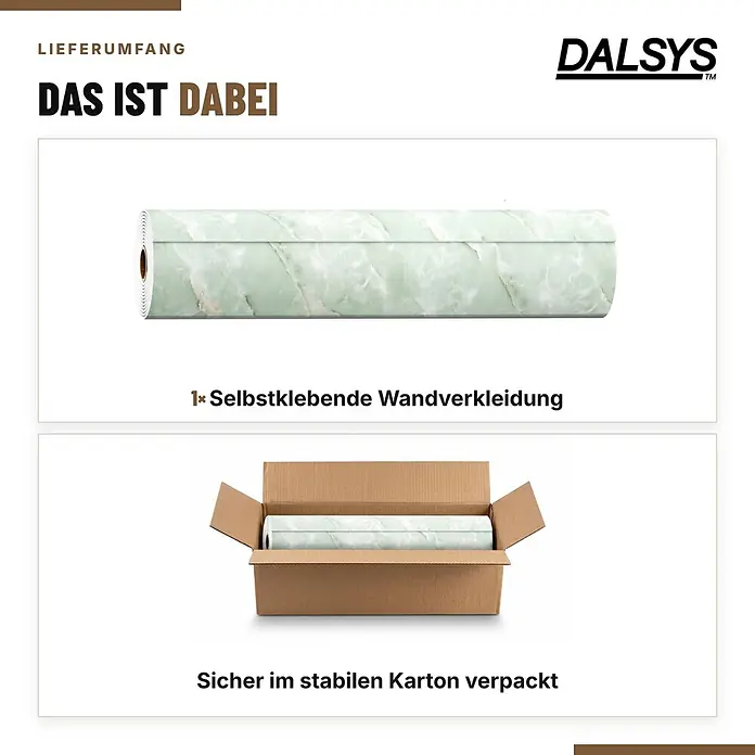 Dalsys Wandpaneel - 4.000 x 600 mm - Grüne Marmoroptik selbstklebende Wandverkleidung als Rolle, unverpackt und sicher im Karton verpackt dargestellt.