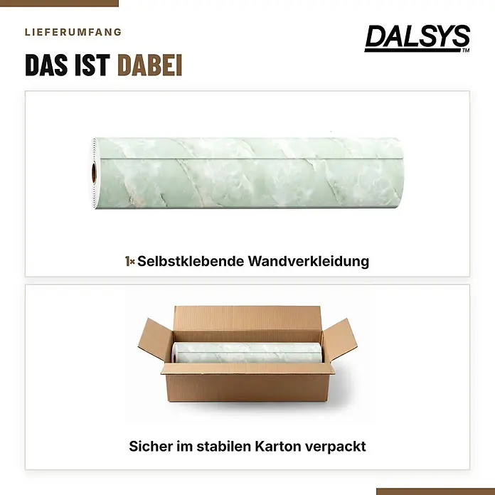 Dalsys Wandpaneel - 3.000 x 600 mm - Hellgrüne, marmorierte, selbstklebende Wandverkleidungsrolle, sicher in einem stabilen Karton verpackt.