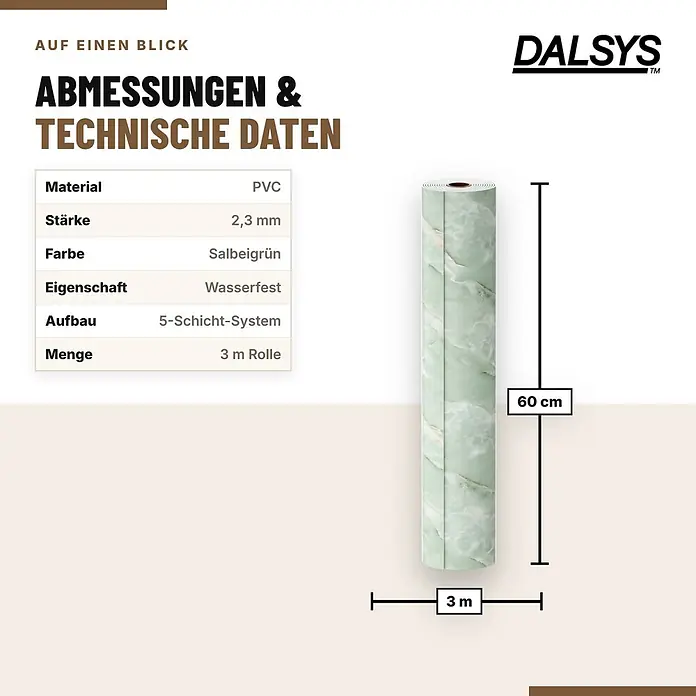 Dalsys Wandpaneel - 3.000 x 600 mm - Salbeigrüne Marmor-PVC-Klebefolie auf Rolle, 60 cm breit und 3 m lang, 2,3 mm dick, wasserfest.