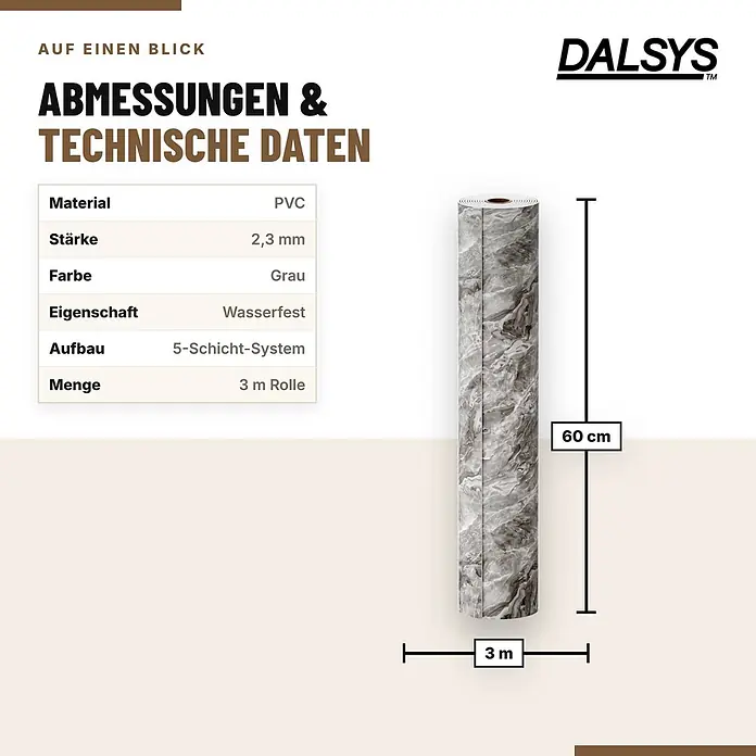 Dalsys Wandpaneel - 3.000 x 600 mm - Graue PVC-Folie in Marmoroptik auf Rolle, 60 cm breit, 2,3 mm dick, 3 Meter lang, wasserfest.