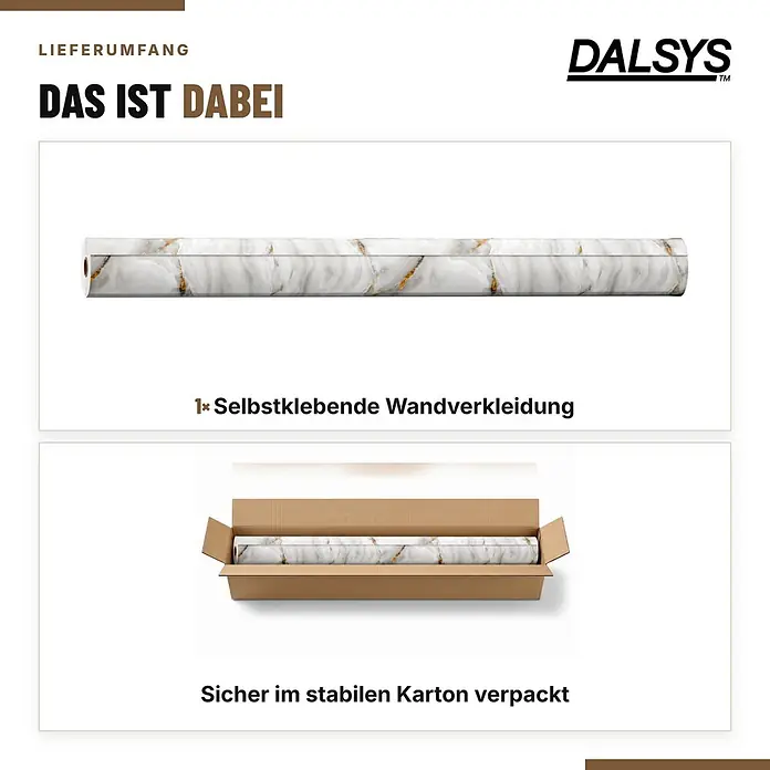 Dalsys Wandpaneel - 3.000 x 1.200 mm - Eine Rolle selbstklebende Wandverkleidung mit weißem Marmormuster und goldenen Adern, einmal lose und einmal verpackt im Karton.