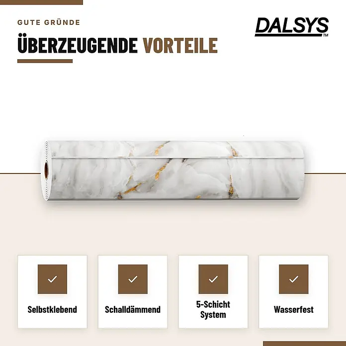 Dalsys Wandpaneel - 4.000 x 600 mm - Rolle selbstklebender Folie mit weißem Marmormuster und goldener Maserung, wasserfest.