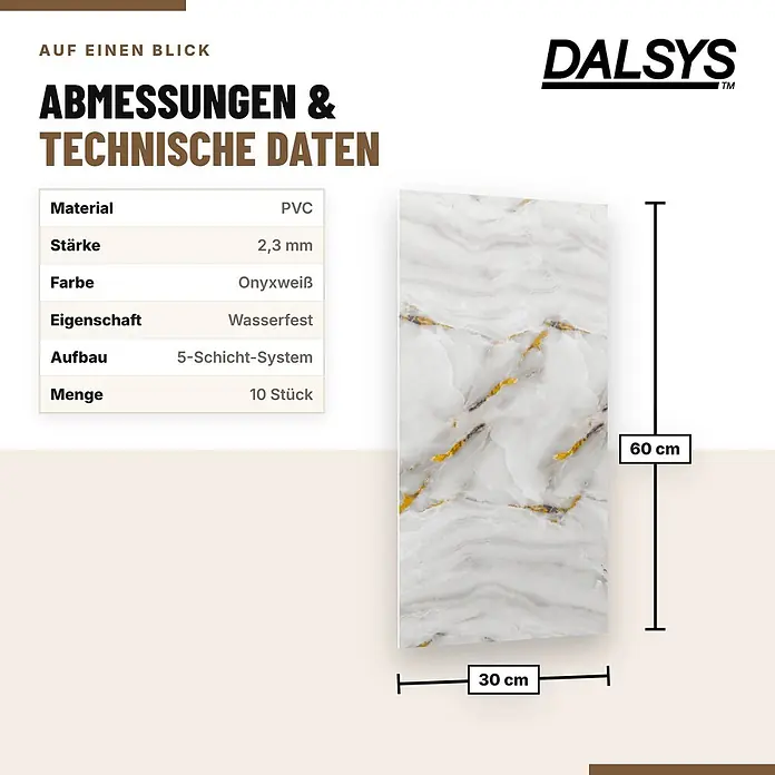 Dalsys Wandpaneel - 600 x 300 mm - Weißes Onyx-Marmor-PVC-Paneel (30x60 cm, 2,3mm, wasserfest).