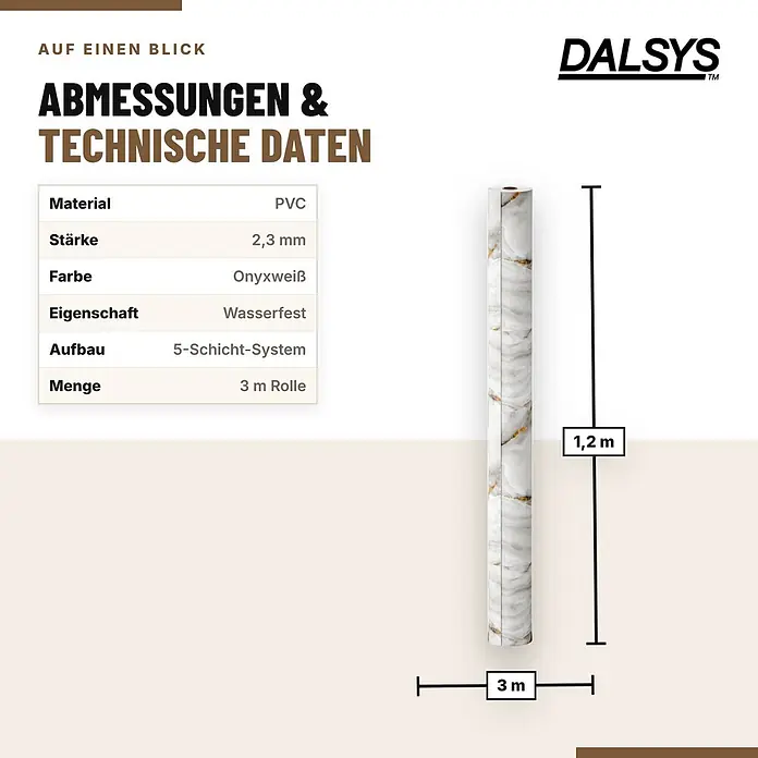 Dalsys Wandpaneel - 3.000 x 1.200 mm - Rolle aus wasserfestem, 2,3 mm starkem PVC in Onyxweiß mit Marmormuster. 1,2 m breit, 3 m lang.