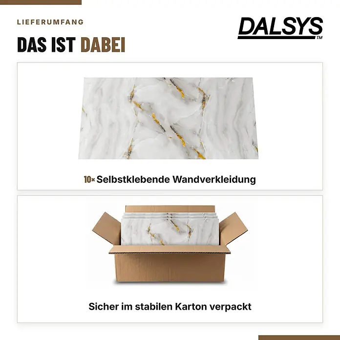 Dalsys Wandpaneel - 600 x 300 mm - 10 weiße selbstklebende Wandverkleidungsplatten mit Goldader, einzeln und sicher im Karton verpackt.