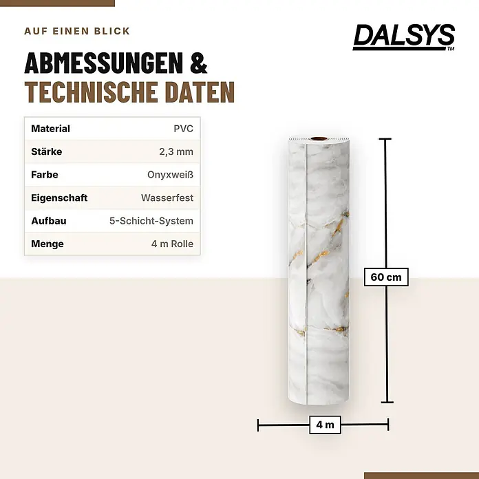 Dalsys Wandpaneel - 4.000 x 600 mm - Gerollte onyxweiße PVC-Folie mit Marmormuster, 60 cm breit und 4 m lang.