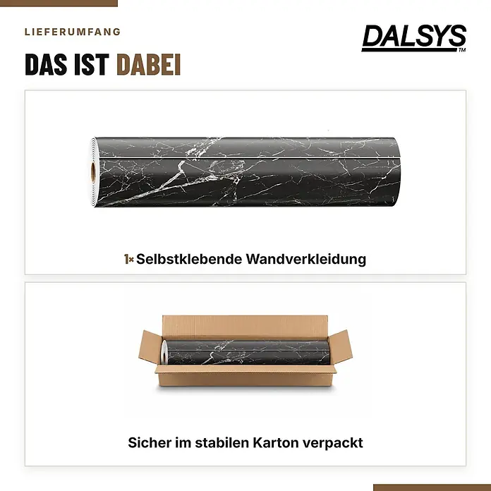 Dalsys Wandverkleidung Selbstklebend 4m Rolle x 60cm Schwarz PVC -  - Schwarze selbstklebende Wandfolie mit Marmoroptik, als Rolle und im Karton verpackt.