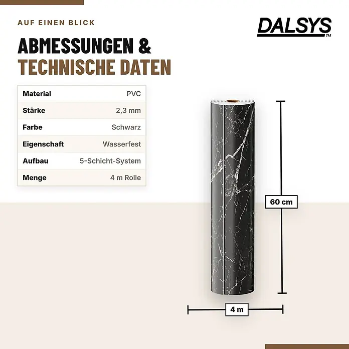 Dalsys Wandverkleidung Selbstklebend 4m Rolle x 60cm Schwarz PVC -  - Schwarze Marmor-PVC-Klebefolie auf Rolle, 60 cm breit und 4 m lang, 2,3 mm stark, wasserfest.