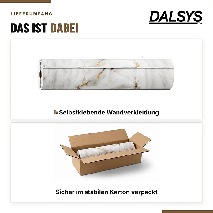 Dalsys Wandpaneel - 4.000 x 600 mm - Rolle selbstklebender Wandverkleidung mit weißem und goldenem Marmormuster, einzeln und im Karton verpackt.