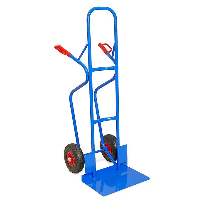 BRB Sackkarre - Stahl - Blaue Metall-Sackkarre mit roten Griffen und schwarzen Rädern zum Transport schwerer Gegenstände.