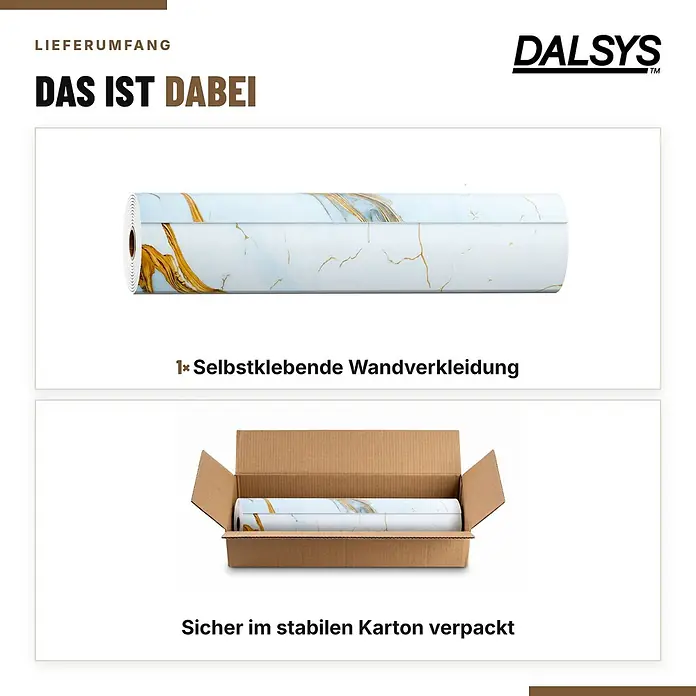 Dalsys Wandpaneel - 4.000 x 600 mm - Eine Rolle selbstklebende Wandverkleidung mit weißem Marmor-Design und goldenen Äderungen, sicher in einem Karton verpackt.