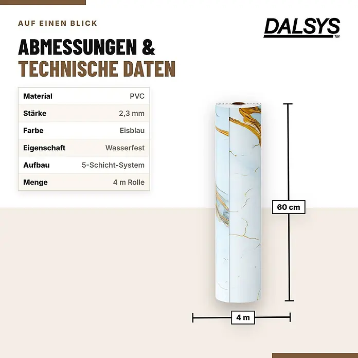 Dalsys Wandpaneel - 4.000 x 600 mm - Gerollte hellblaue PVC-Folie mit Marmormuster und goldenen Adern, 60 cm breit und 4 m lang, mit Produktdaten.