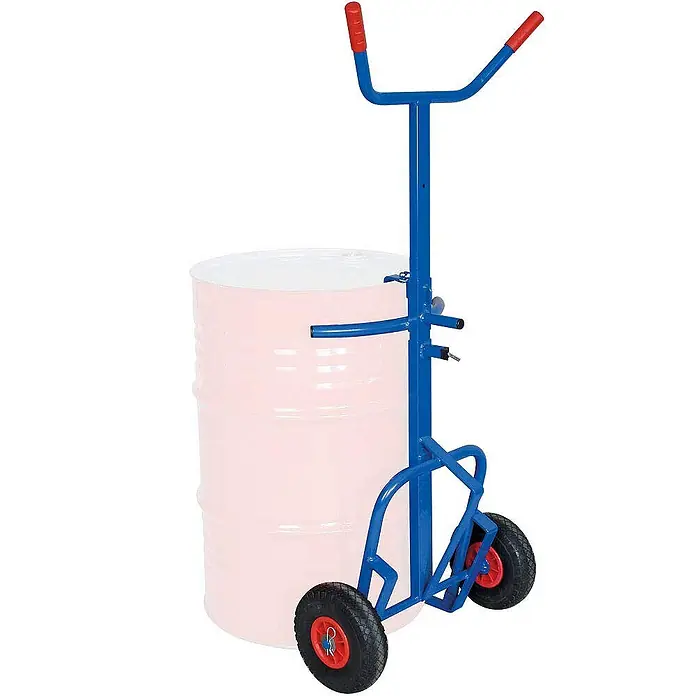 BRB Sackkarre - Stahl - Blauer Fasskarren mit roten Griffen und schwarzen Rädern, für den einfachen Transport von Fässern.