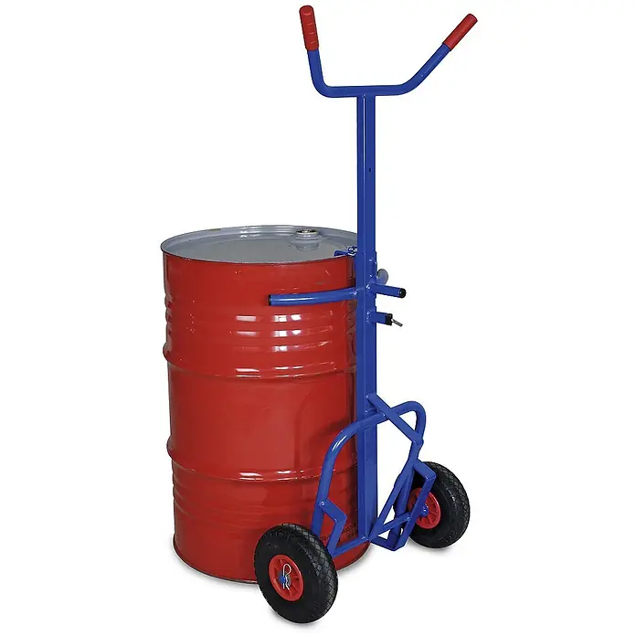 BRB Sackkarre - Stahl - Blauer Fasskarren transportiert ein rotes Metallfass.