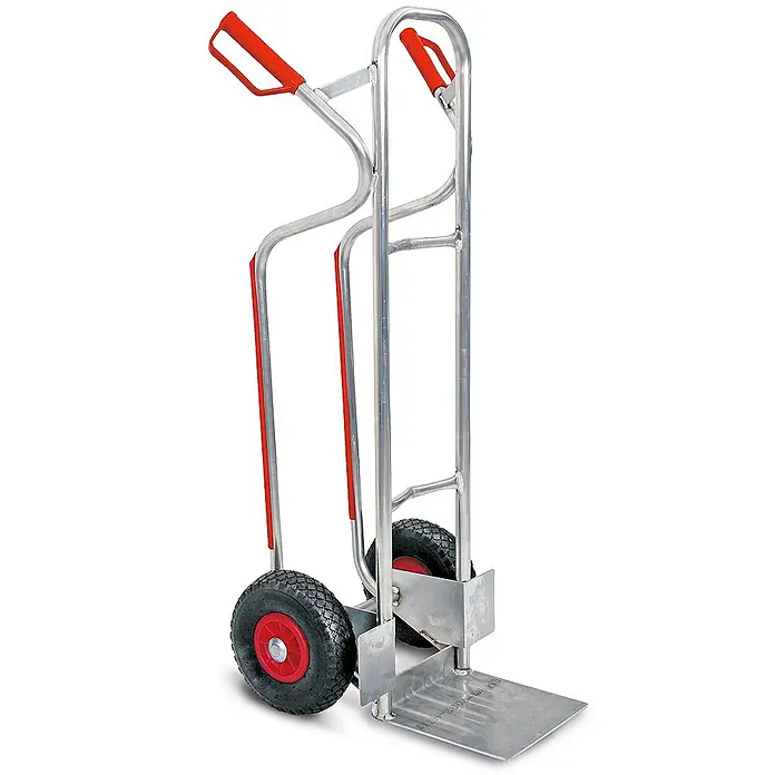 BRB Sackkarre - Aluminium - Sackkarre aus silbernem Aluminium mit roten Griffen und schwarzen Luftreifen für den Transport schwerer Güter.