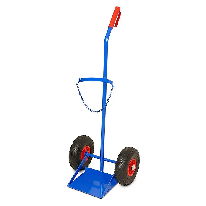 BRB Sackkarre - Stahl - Blauer Metall-Gasflaschenwagen mit rotem Griff, großen Rädern und Sicherungskette.