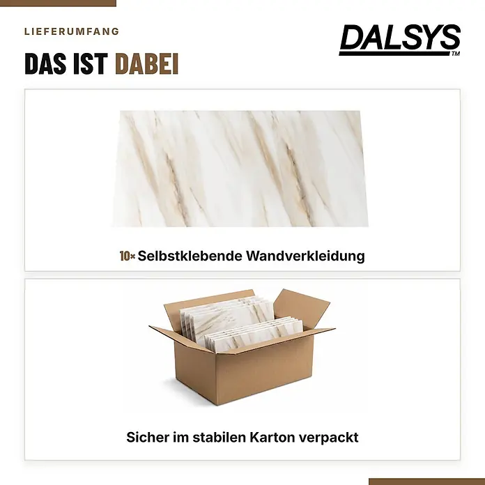 Dalsys Wandpaneel - 600 x 300 mm - 10 selbstklebende Wandverkleidungen mit Marmormuster, sicher im Karton verpackt.