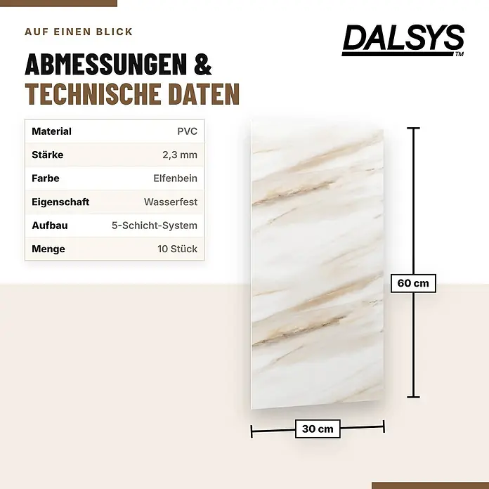 Dalsys Wandpaneel - 600 x 300 mm - Elfenbeinfarbene PVC-Platte (30x60 cm, 2,3mm dick) mit wasserfestem 5-Schicht-System.