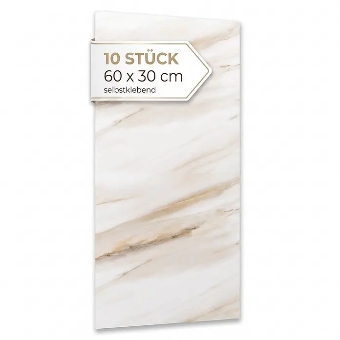 Dalsys Wandpaneel - 600 x 300 mm - 10 selbstklebende Fliesen im weißen Marmor-Look mit goldener Äderung, 60 x 30 cm.