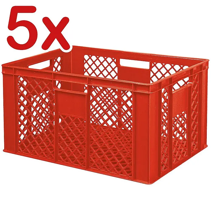 BRB Transportkarre aus Stahl + 5 Eurostapelbehälter durchbrochen 60x40x32 cm -  - Rote Kunststoff-Lagerkiste mit Rautenmuster, als 5er-Set dargestellt.