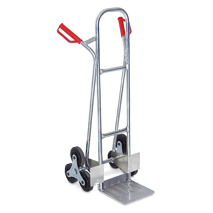 BRB Treppen-Sackkarre - Aluminium - Silberne Treppenkarre mit roten Griffen und schwarzem Dreiradsystem, für den Treppentransport schwerer Lasten.