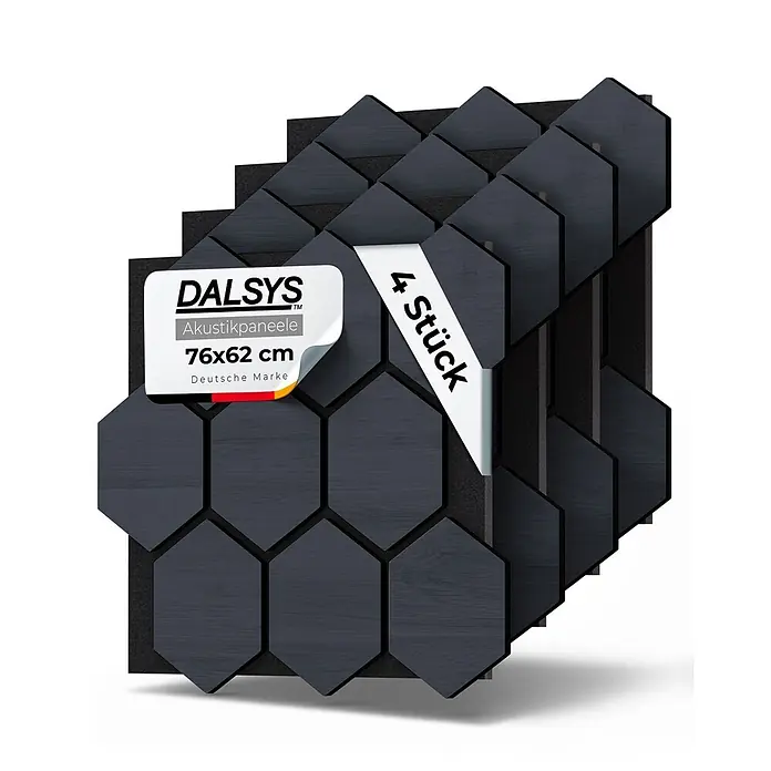 Dalsys Akustikpaneel 4x 76 x 62cm Hexagon Eiche Schwarz - Schwarz - Dunkelgraue sechseckige DALSYS Akustikpaneele (4 Stück, 76x62 cm) gestapelt.