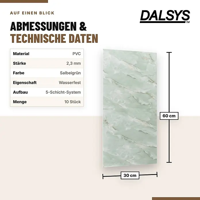 Dalsys 10x Wandverkleidung Selbstklebend 60x30cm Salbeigrün PVC -  - Grünes PVC-Paneel (30x60 cm) in Marmoroptik mit Produktspezifikationen.