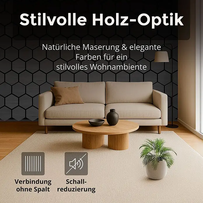 Dalsys Akustikpaneel 4x 76 x 62cm Hexagon Eiche Schwarz - Schwarz - Dunkle Wandpaneele in Holz-Optik mit natürlicher Maserung im Wohnzimmer, bieten fugenlose Verbindung und Schalldämmung.
