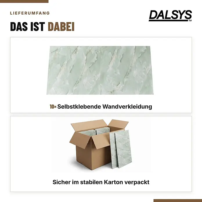Dalsys 10x Wandverkleidung Selbstklebend 60x30cm Salbeigrün PVC -  - 10 grüne selbstklebende Wandverkleidungsplatten in Marmoroptik, teils im stabilen Karton verpackt.