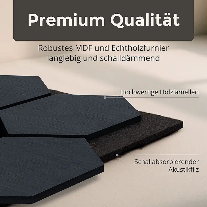 Dalsys Akustikpaneel 4x 76 x 62cm Hexagon Eiche Schwarz - Schwarz - Nahaufnahme einer dunkelgrauen Akustikplatte, die sechseckige Holzlamellen über schalldämmendem Filz für Schalldämmung und Langlebigkeit zeigt.