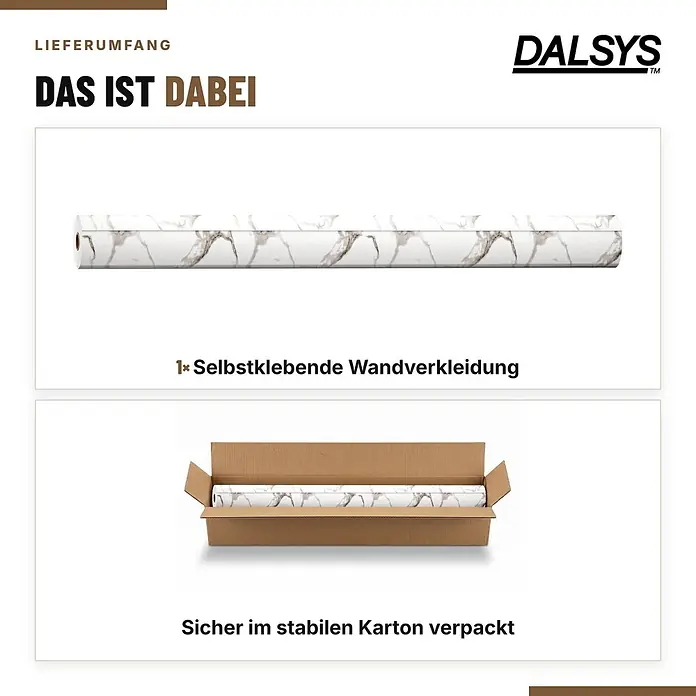 Dalsys Wandpaneel - 3.000 x 1.200 mm - Rolle selbstklebender Wandverkleidung mit weiß-grauem Marmormuster, als Rolle und im Karton verpackt dargestellt.