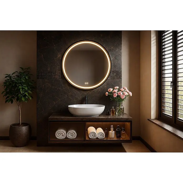 Cordia Lichtspiegel - 80 x 80 cm, Schwarz - Moderner Waschtisch mit rundem, beleuchtetem LED-Spiegel, weißem Aufsatzwaschbecken und dunklem Holzunterschrank.