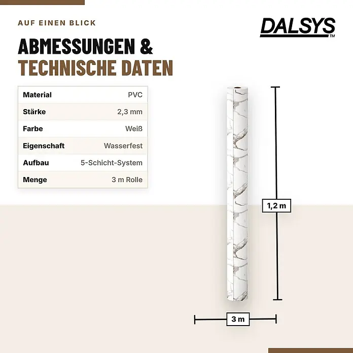 Dalsys Wandpaneel - 3.000 x 1.200 mm - Weißes PVC-Rolle mit Marmormuster, 2,3mm dick, wasserfest. Es ist eine 3m-Rolle, 1,2m hoch und 3m breit.
