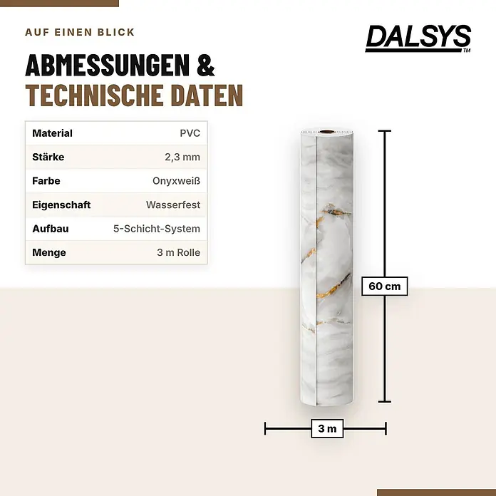 Dalsys Wandpaneel - 3.000 x 600 mm - DALSYS selbstklebende Folie, 60cm x 3m, in Onyxweiß Marmor-Optik. Aus wasserfestem PVC, 2,3mm dick.